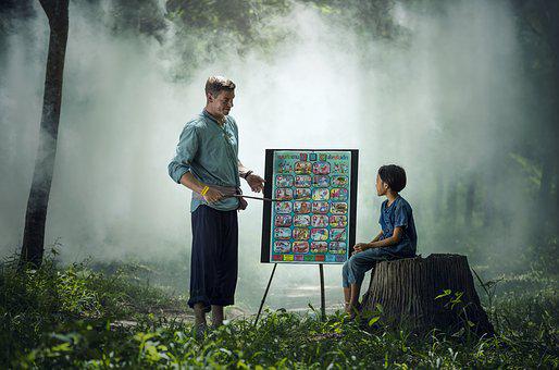 A teacher teaching a student in a jungle